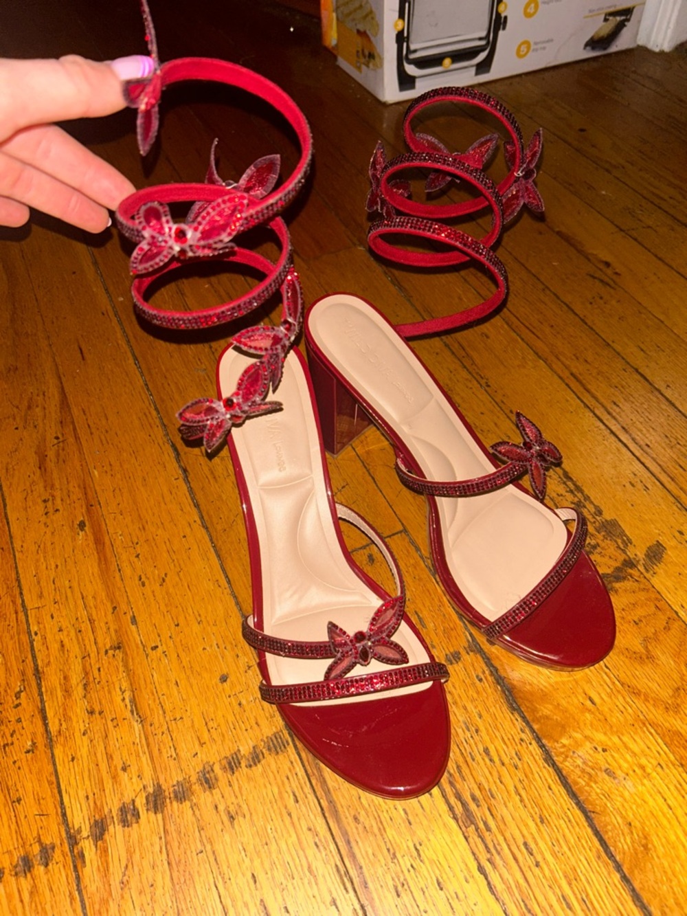 Red Butterfly-Strap High Heel Sandals - Women